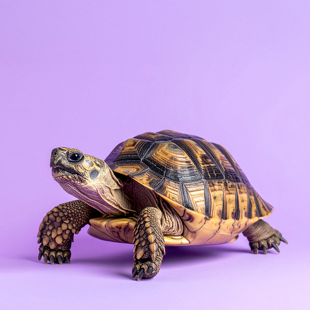 eine KI animierte Schildkröte auf lila Hintergrund, welche den Kopf in die Höhe streckt