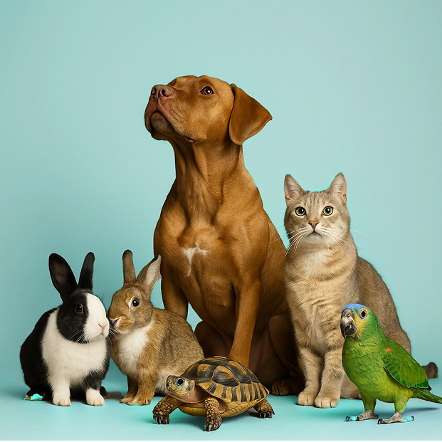 KI animierte Tiere - ein brauner Hund, eine hellbraune Katze, zwei Hasen, ein grüner Papagei und eine Schildkröte